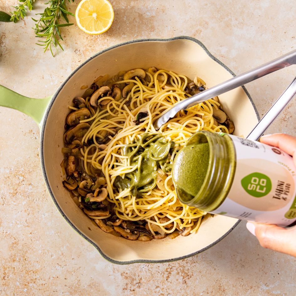 SoCo nut-free pesto in mushroom pasta dish